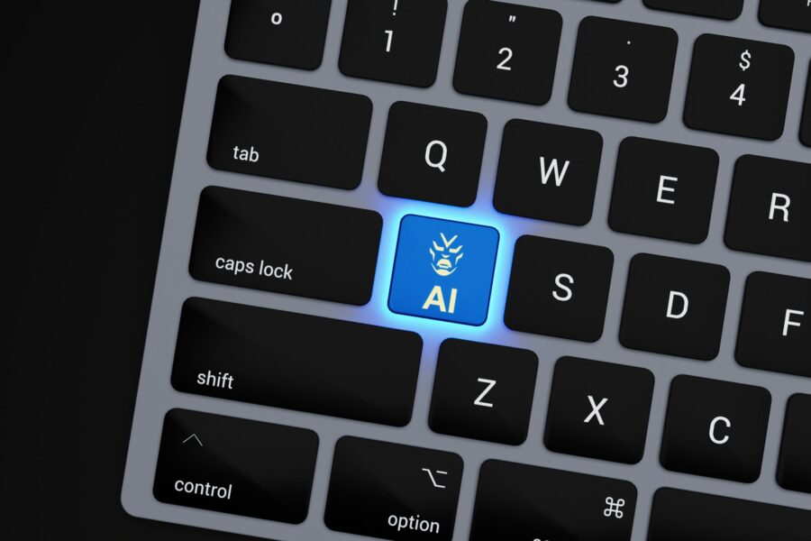 a-close-up-of-a-keyboard-with-a-blue-button