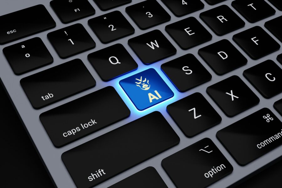 a computer keyboard with a blue light on it